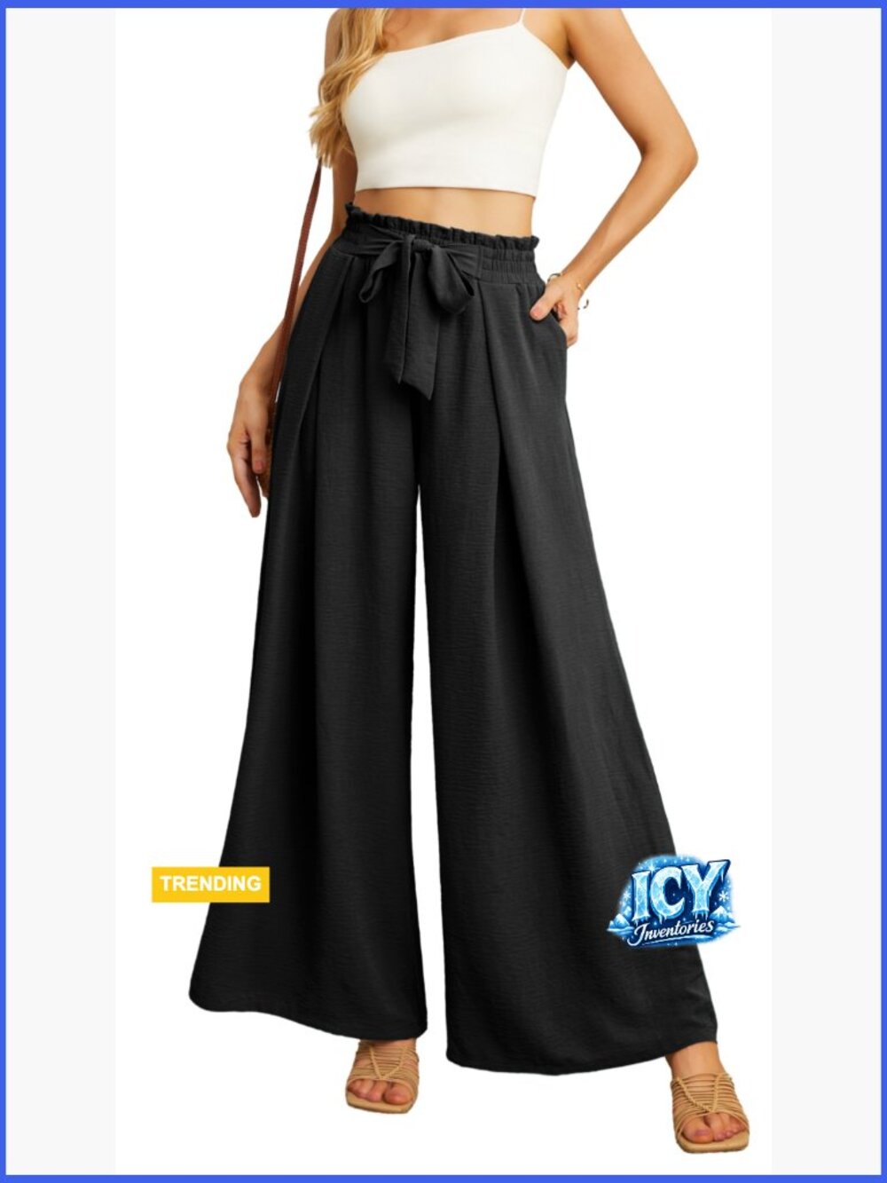 High Waisted Wide Leg Palazzo Pants with Pockets Tie Knot - Picture 6 of 7